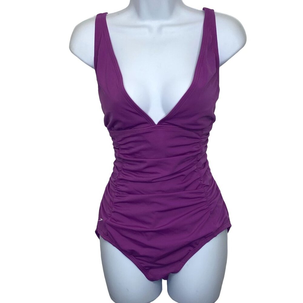 Speedo Rusched V Neck Purple Swimsuit One Piece Women's 16
